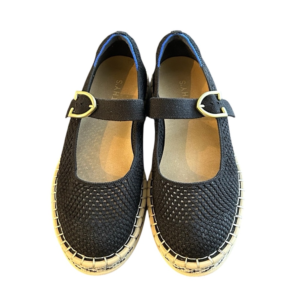 Rothy's Black Espadrille Mary Jane Flats with Gold Buckle